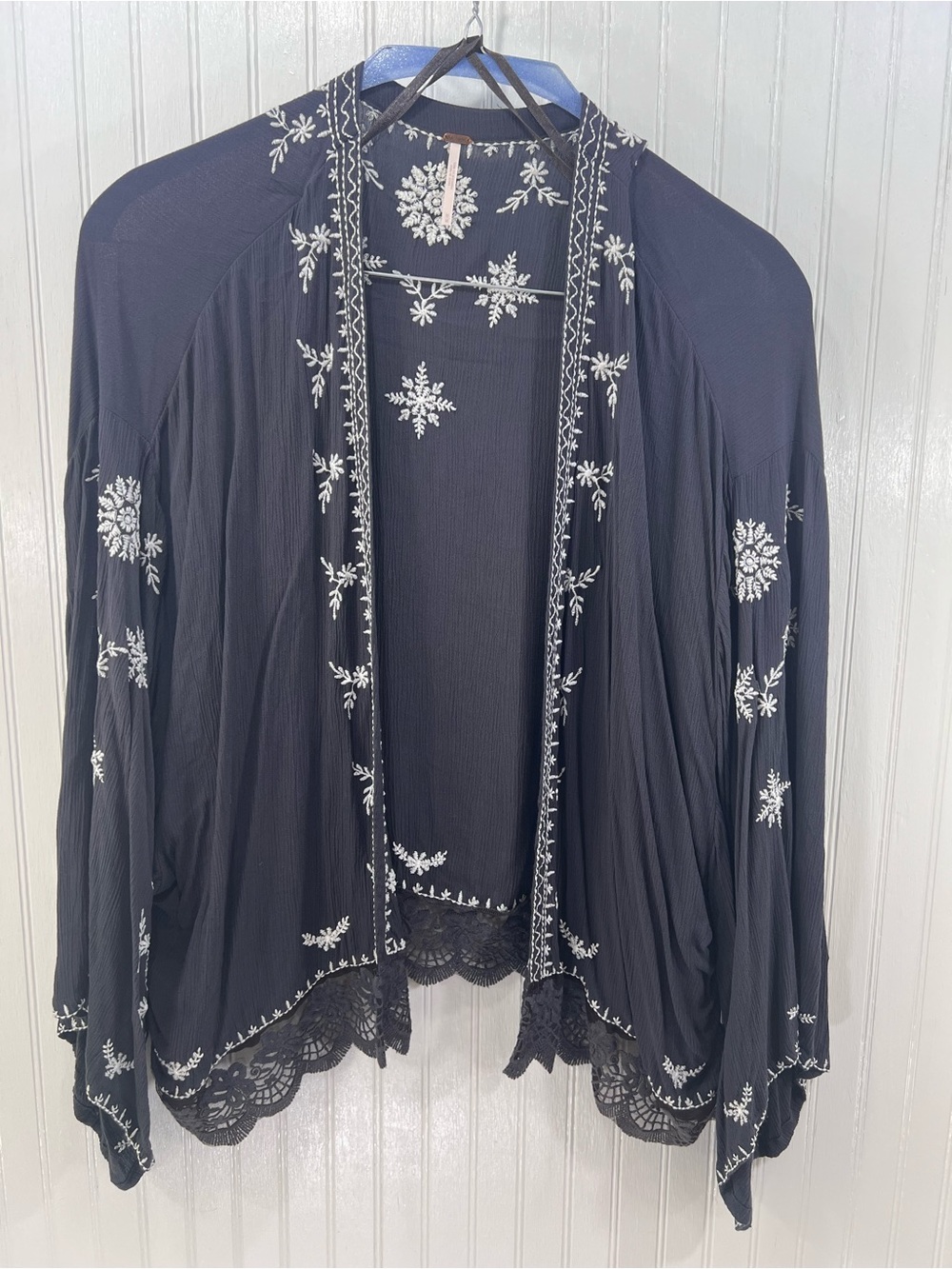 NWT Free People Boho Embroidered Kimono Top Washed Black Lace Hem M